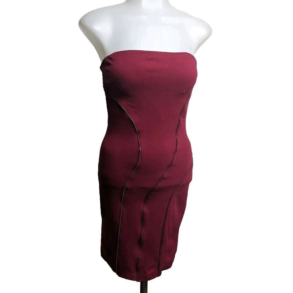 Cefian USA Sheath Mini Dress Small Strapless Zipper Trim Red Maroon S